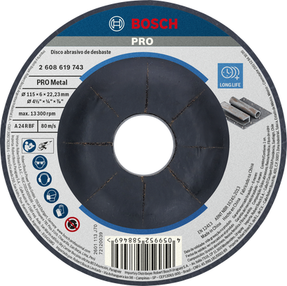 Disco de desbaste de metal Bosch PRO, longa vida útil de 115 mm.