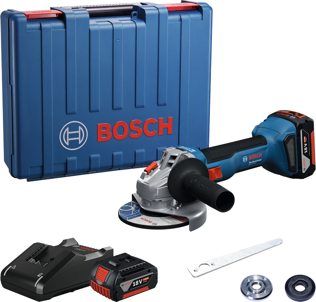Conjunto de esmerilhadeira angular Bosch GWS 18V-8 com estojo e bateria.