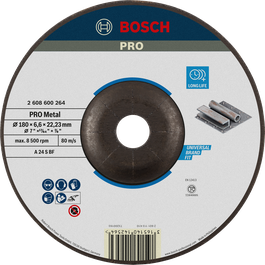 Disco de desbaste de metal Bosch PRO A 24 S BF, 180 mm, longa vida útil.