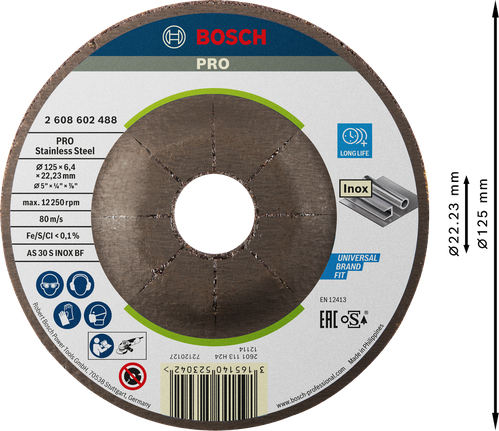 Disco de desbaste Bosch PRO de aço inoxidável 125 x 6 x 22,23 mm.
