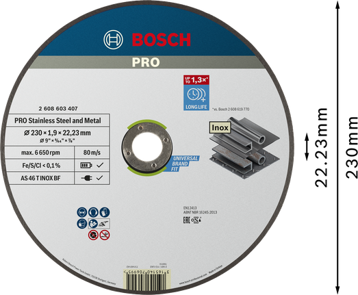 Disco de corte Bosch PRO para aço inoxidável e metal de 230 mm.