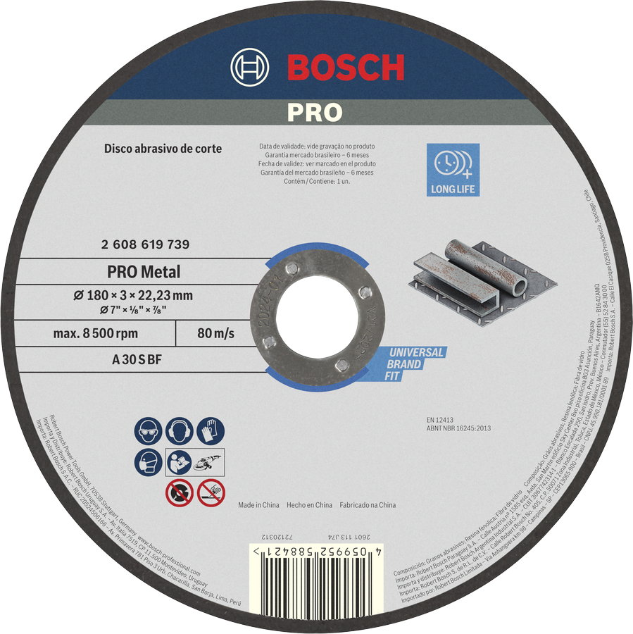 Disco de corte de metal Bosch PRO 180 x 3 mm para longa vida útil.