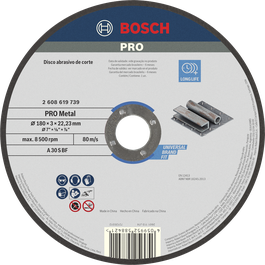 Disco de corte de metal Bosch PRO 180 x 3 mm para longa vida útil.