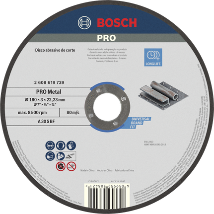 Disco de corte de metal Bosch PRO 180 x 3 mm para longa vida útil.