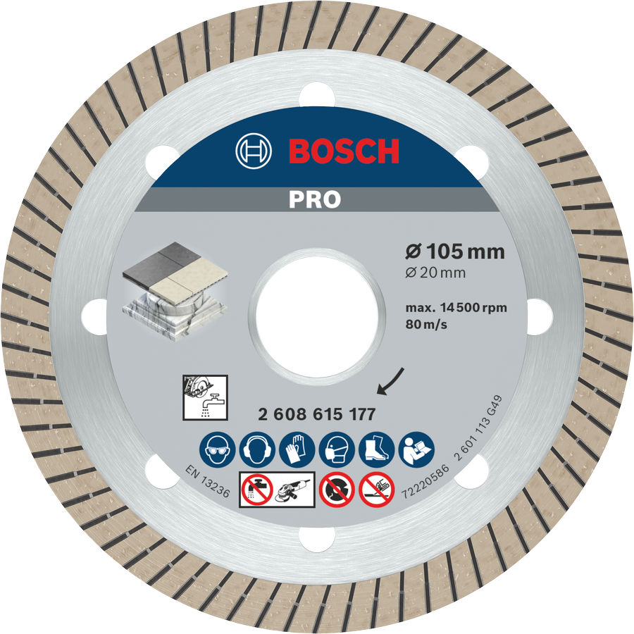Disco diamantado cerâmico Bosch PRO de 105 mm para corte de azulejos.