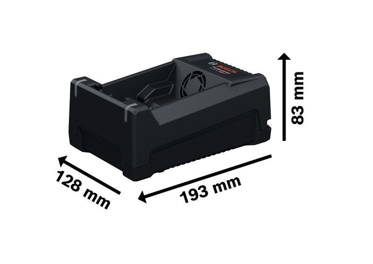 Carregador de bateria Bosch GAL 12V-40 com dimensões mostradas.