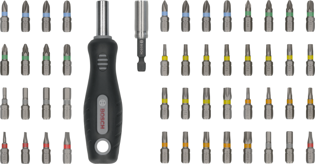 Conjunto de pontas para chave de fenda extra dura Bosch com 6 x 50 peças para exibição.