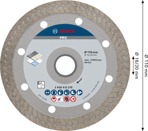 Disco de corte diamantado cerâmico duro Bosch PRO, 110 mm.