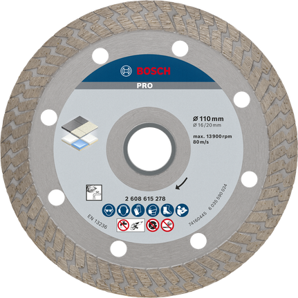 Disco de corte diamantado cerâmico duro Bosch PRO de 110 mm.