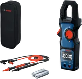 Kit de alicate amperímetro digital Bosch com cabos, estojo e pilhas AA.