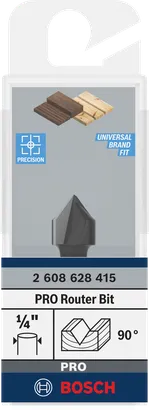 Broca de roteador Bosch PRO com ranhura em V de 90° e haste de 1/2″ e 1/4″.