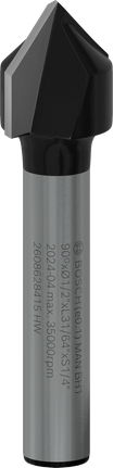 Broca de roteador Bosch PRO com ranhura em V de 90° e haste de 1/2 polegada e 1/4 de polegada.