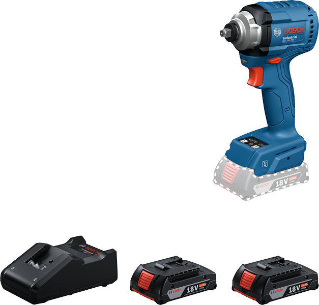 Parafusadeira de impacto sem fio Bosch 18 V com carregador e baterias.