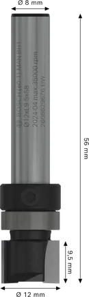 Broca de roteador Bosch PRO com acabamento nivelado para rolamento superior de 12,7 x 9,5 mm.