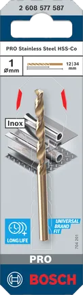 Broca helicoidal Bosch PRO em aço inoxidável HSS-Co de 1 mm.