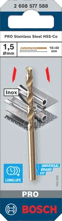 Broca helicoidal Bosch PRO em aço inoxidável HSS-Co de 1,5 mm.