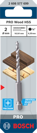 Broca de ponta central Bosch PRO Wood HSS de 2 mm para perfuração precisa em madeira.