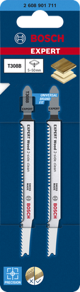 Lâminas de serra tico-tico Bosch EXPERT Wood T308B com limpeza bilateral para corte preciso de madeira.