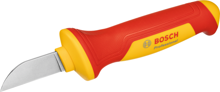 Faca de cabo Bosch VDE com cabo ergonômico vermelho-amarelo.