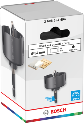 Serra copo Bosch para madeira e drywall, com furo de 54 x 25 mm.