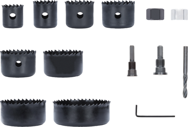 Jogo de serra copo com mandril para madeira e drywall com broca piloto