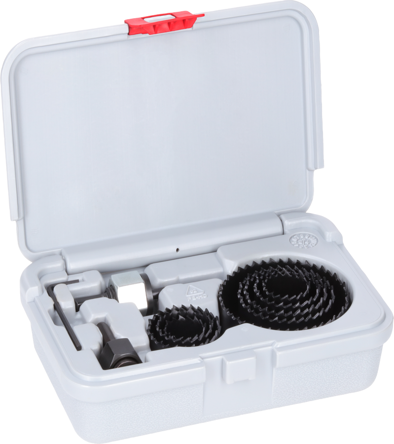 Conjunto de serras copo Bosch para madeira e drywall em estojo de plástico.