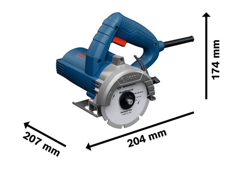 Cortadora de azulejos diamantada Bosch GDC130 com dimensões.