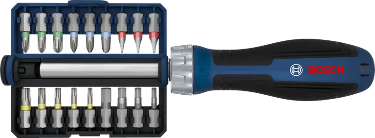 Jogo de chaves de fenda com catraca Bosch com 18 bits intercambiáveis.
