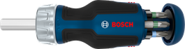 Chave de fenda catraca Bosch com bits curtos e carregador para 6 bits.