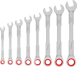 Jogo de chaves combinadas com catraca Bosch de 8 a 19 mm, com 50% mais torque.