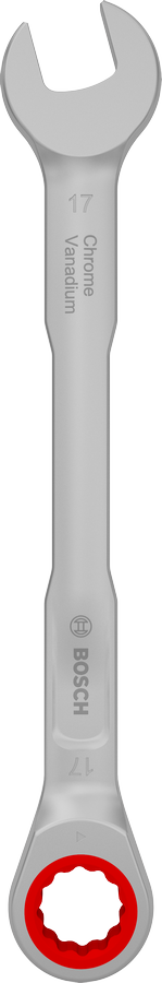 Chave combinada de catraca Bosch de 17 mm em aço cromo-vanádio.