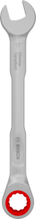 Chave combinada de catraca Bosch de 17 mm em aço cromo-vanádio.