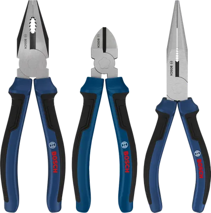 Conjunto de alicates Bosch com 3 peças e cabos multicomponentes.