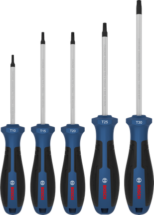 Jogo de chaves de fenda Bosch TX com 5 peças e hastes de cromo-vanádio.