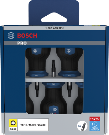 Conjunto de 5 chaves de fenda Bosch PRO Stubby TX com hastes S2.