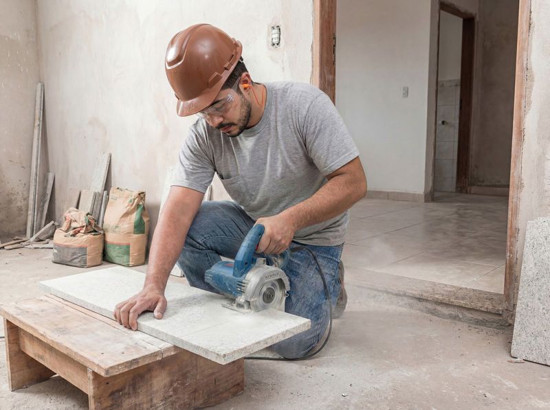 Um trabalhador usando equipamento de segurança utiliza uma cortadora de azulejos diamantada para cortar uma peça de cerâmica.