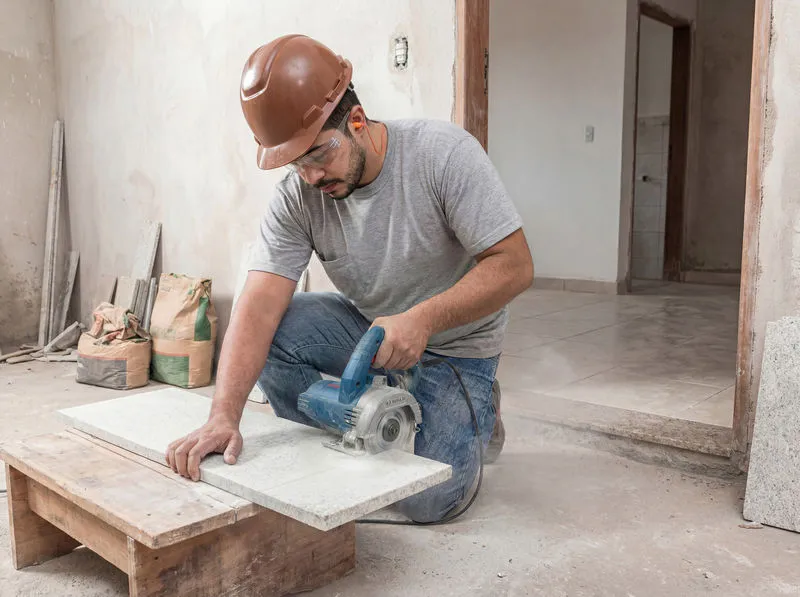 Um trabalhador usando equipamento de segurança utiliza uma cortadora de azulejos diamantada para cortar uma peça de cerâmica.