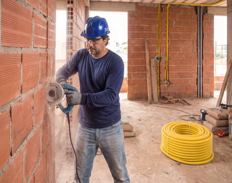 Uma pessoa usando equipamento de segurança utiliza um cortador de azulejos diamantado em uma parede de tijolos.