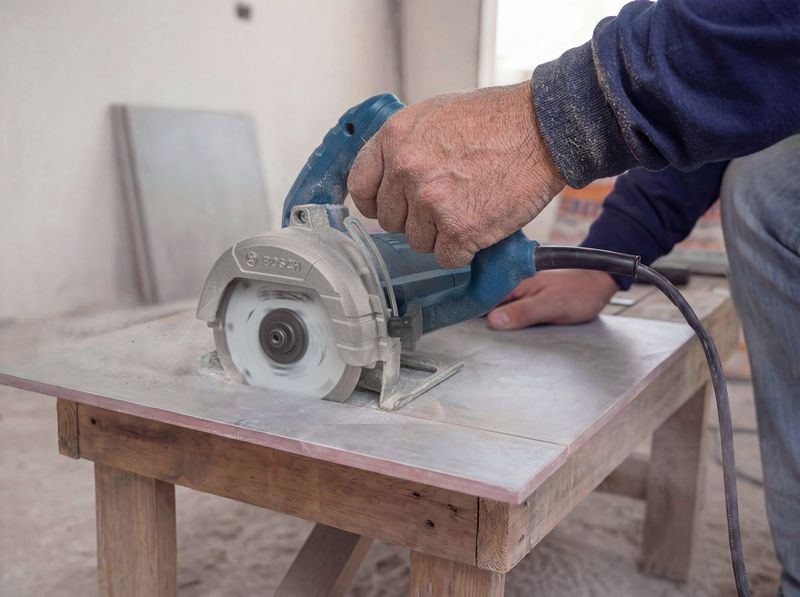 Uma pessoa corta um azulejo em uma bancada usando uma cortadora de azulejos diamantada.