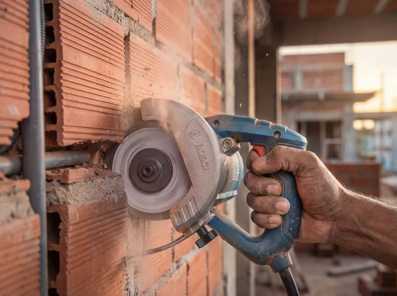 Uma pessoa corta uma parede de tijolos com uma cortadora de azulejos diamantada em um canteiro de obras.