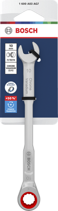 Chave combinada de catraca Bosch de 10 mm com aço cromo-vanádio.