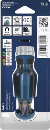 Chave de fenda catraca Bosch com bits curtos e magazine de 6 bits.