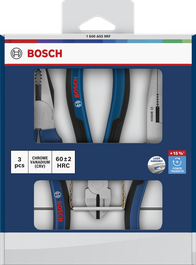 Conjunto de 3 alicates Bosch com lâminas de corte endurecidas a laser.