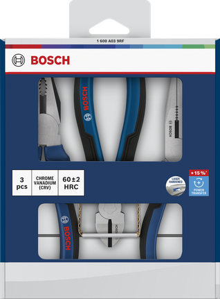 Conjunto de 3 alicates Bosch com lâminas de corte endurecidas a laser.