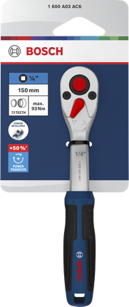 Catraca Bosch de 1/4" com cabo de 150 mm em aço cromo-vanádio.