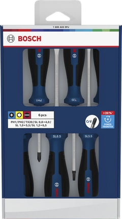 Jogo de chaves de fenda Bosch PH/TX/SL com 6 peças e hastes em cromo-vanádio.