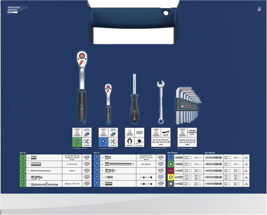 Conjunto misto de ferramentas manuais Bosch com 134 peças, incluindo catracas e chaves hexagonais.