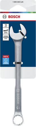 Chave combinada Bosch de 15 mm em aço cromo-vanádio.