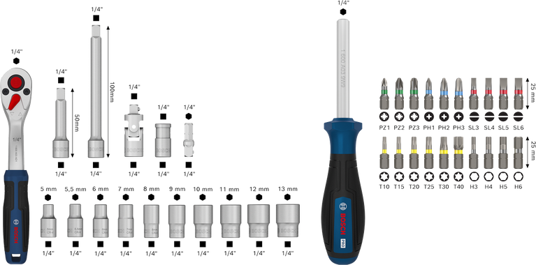 Jogo de catraca Bosch de 1/4" com 35 peças, incluindo bits e soquetes.