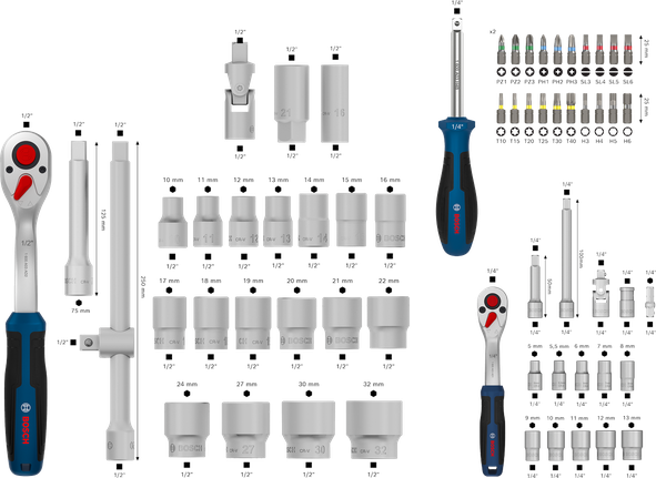 Jogo de catraca Bosch 1/4" + 1/2" com 80 peças, incluindo soquetes e bits.
